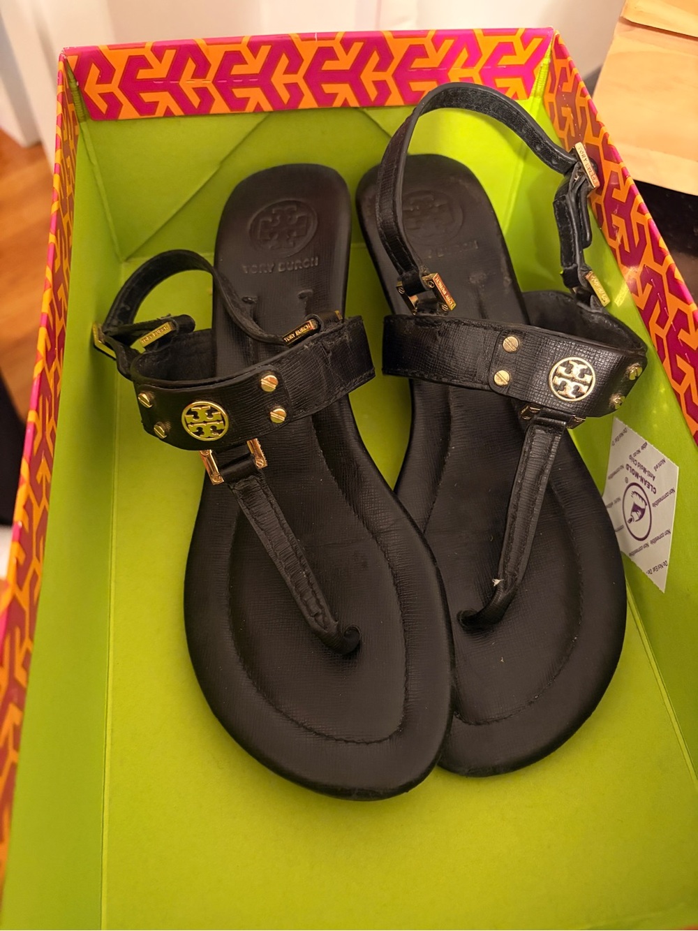 Vintage Tory Burch Black Leather T-Strap Sandals with Gold Logo Accents size 9